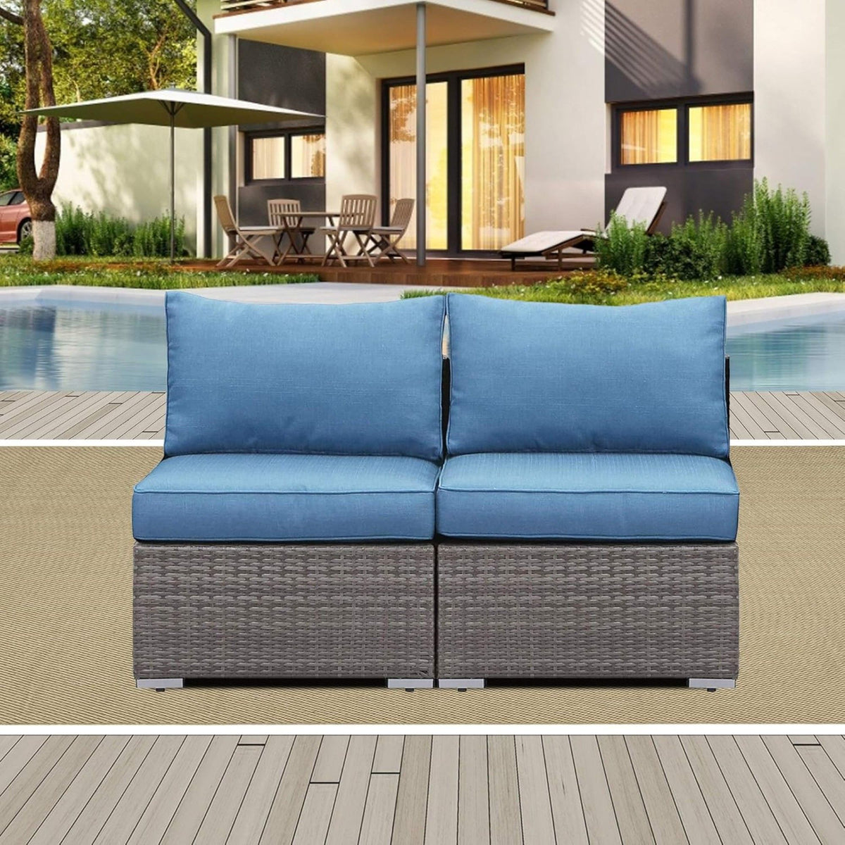 Armless Patio Sofa Set, With UV Resistant Frame And Waterproof Cushions - Blue / Brown