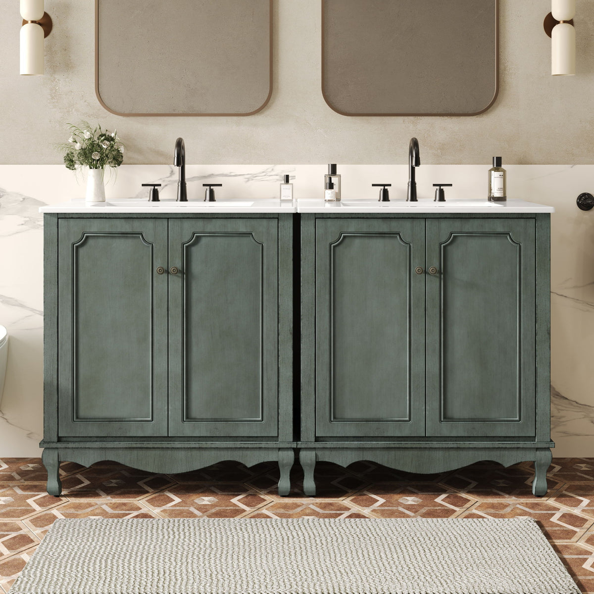Vintage Double Sink Bathroom Vanity Set With Ceramic Sinks