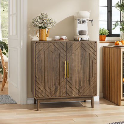 Sideboard Buffet Cabinet With Carved 2 Doors And Adjustable Layer Board For Living Room And Kitchen - Walnut