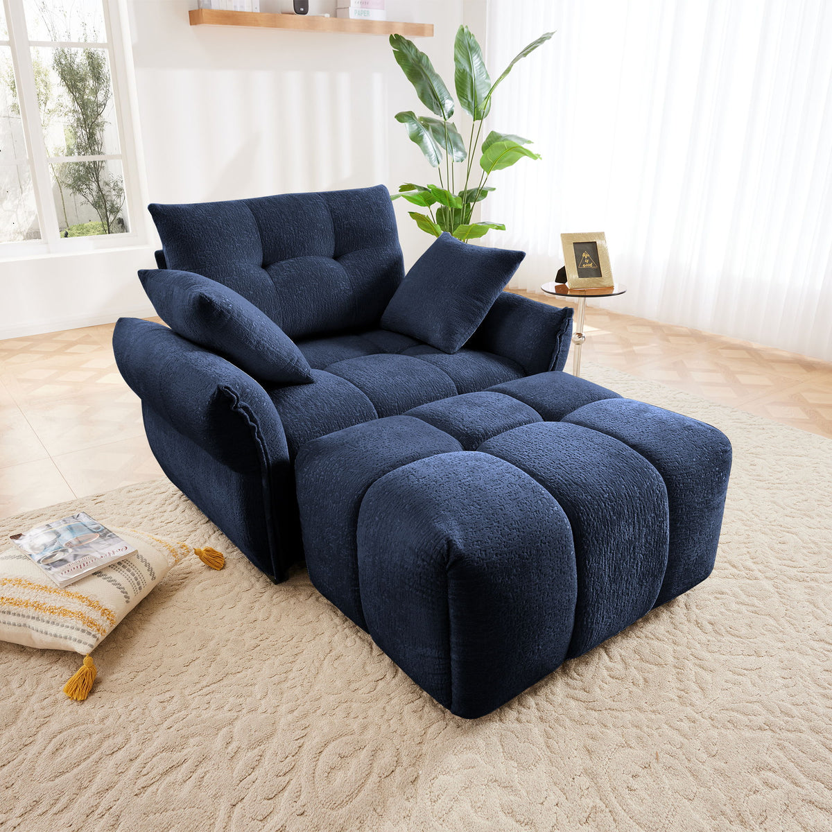 Modern Ergonomic Single Seater Sofa With Ottoman, High Resilience Support - Blue