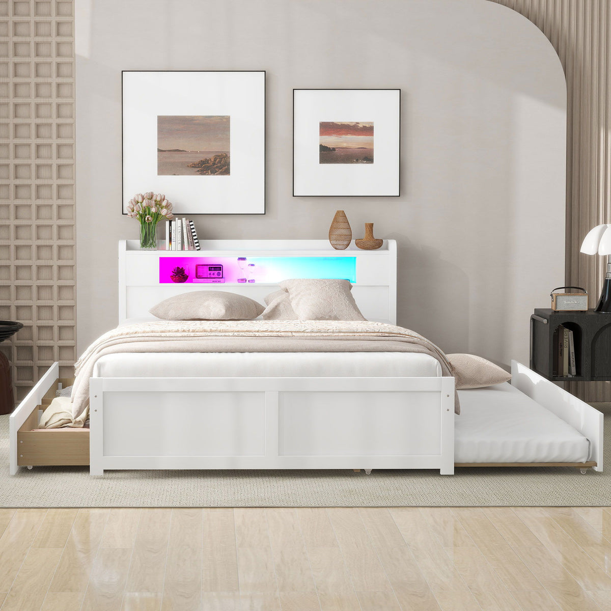 Storage Platform Bed With LED Lights, 2 Drawers And Trundle