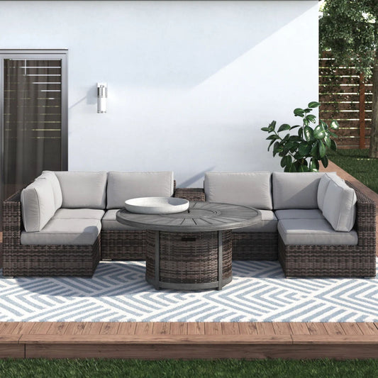 All Weather 4 Person Patio Sofa Set With Fire Pit And Side Table Rustproof - Brown