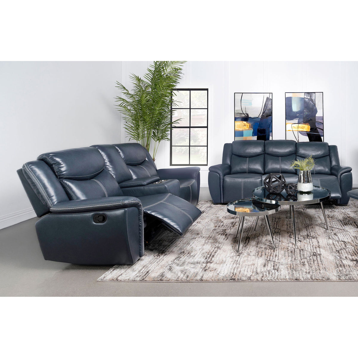 Stanwicke - 2 Piece Motion Reclining Sofa Set With Contrast Stitching - Blue