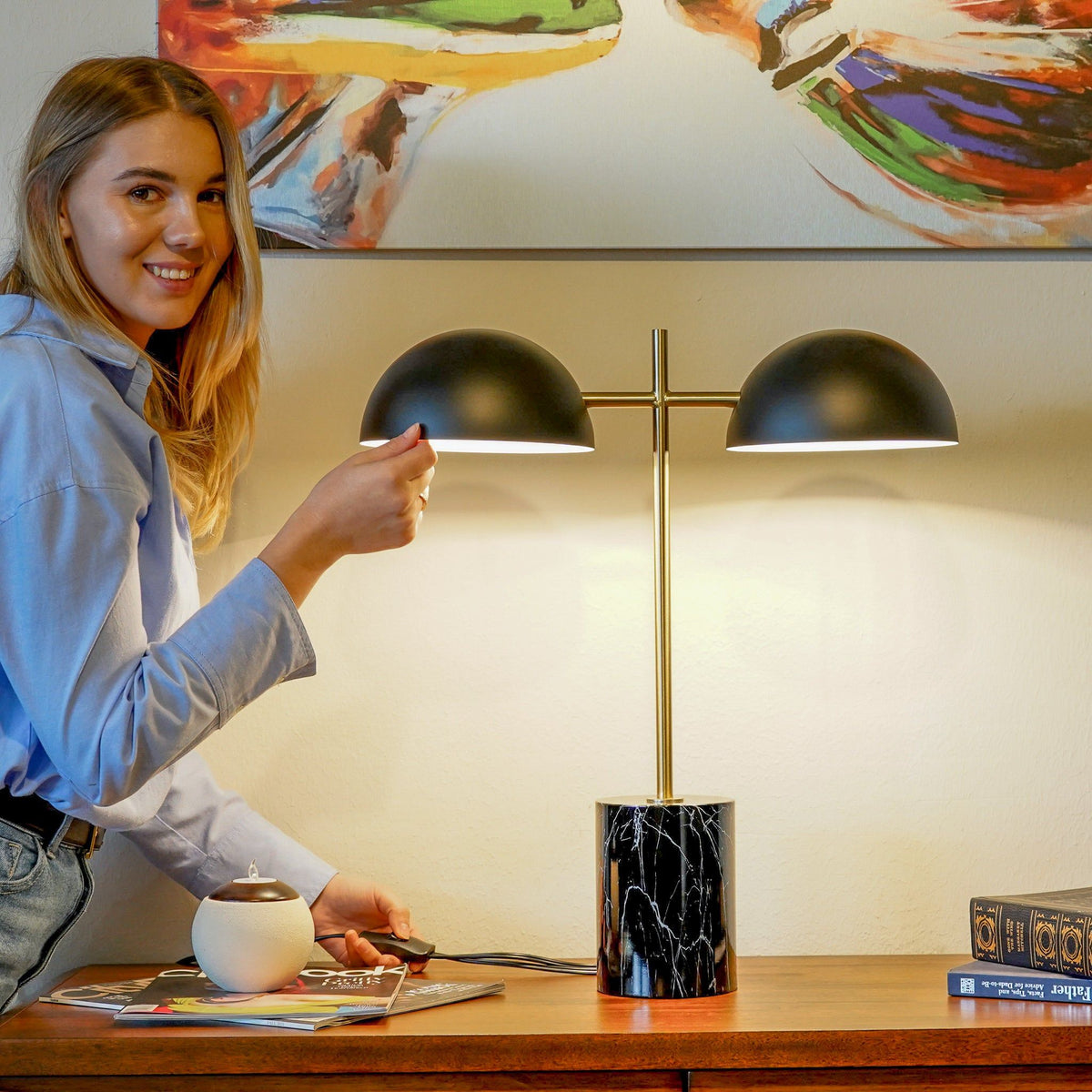 Nova - Hydro Table Lamp With On / Off Switch Double Lamp - Black / Gold / Marble