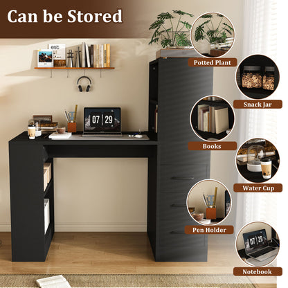 Computer Desk With 4 In 1 Socket, 3 Slide Drawers And 4 Storage Levels, For Home Office - Black