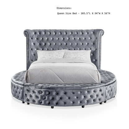 Glam Button Tufted Wingback Round Bed With Storage And USB Ports