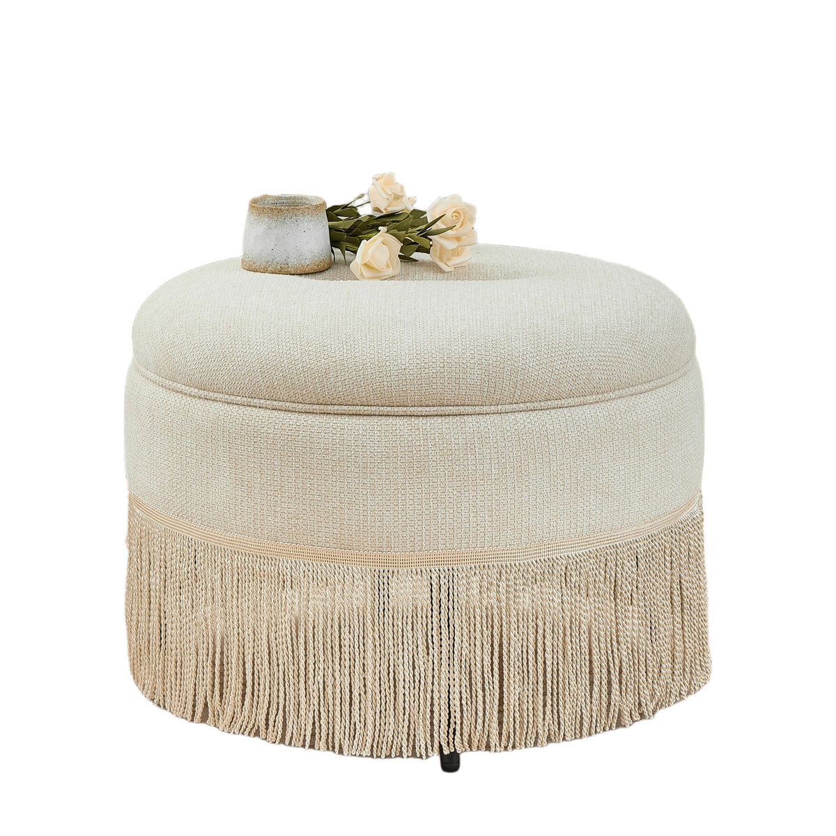 Round Storage Ottoman With Tassel, Decorative Accent Pouf For Living Room