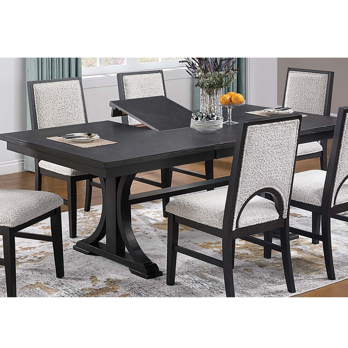 Rectangle Dining Table With Butterfly Leaf, Trestle Base - Charcoal