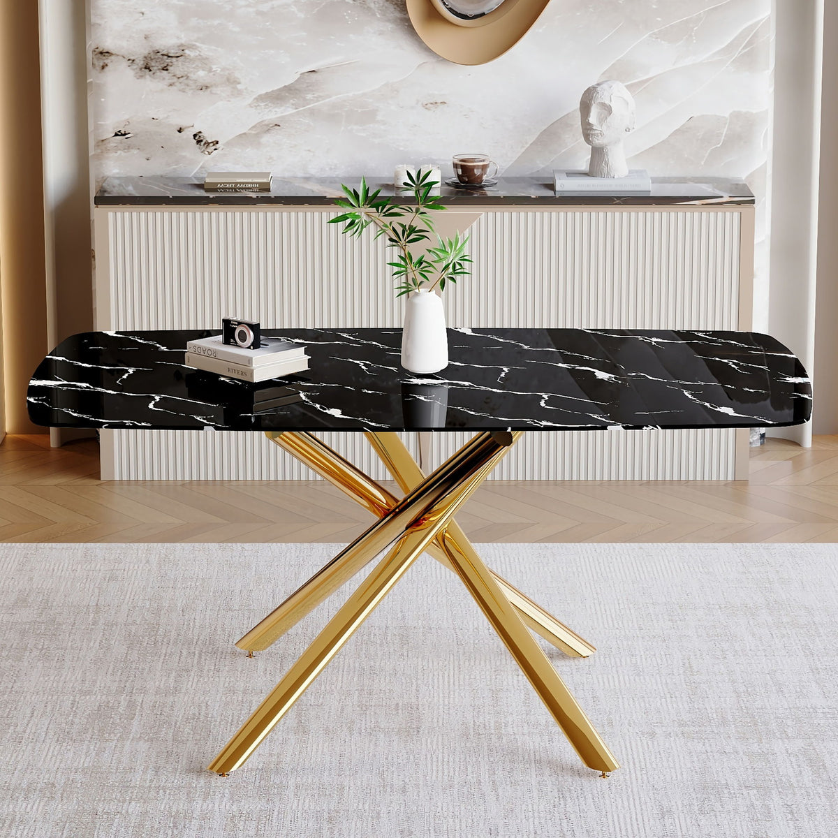 Luxurious Marble Patterned Dining Table With Metal Fork Legs