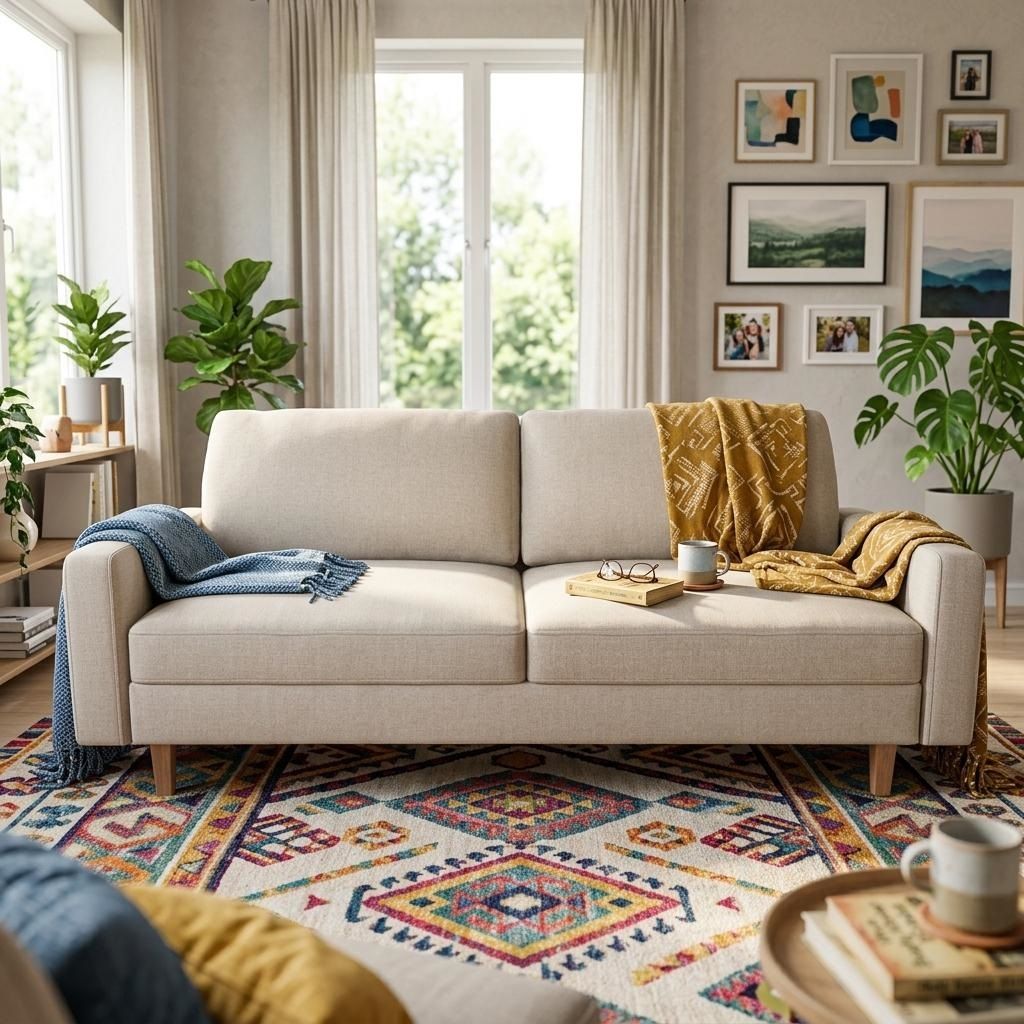 Modern Upholstered Sofa Couch, 3‑Seat Polyester Fabric Sofa With Tapered Wood Legs, Removable Seat Cushion, For Living Room Apartment