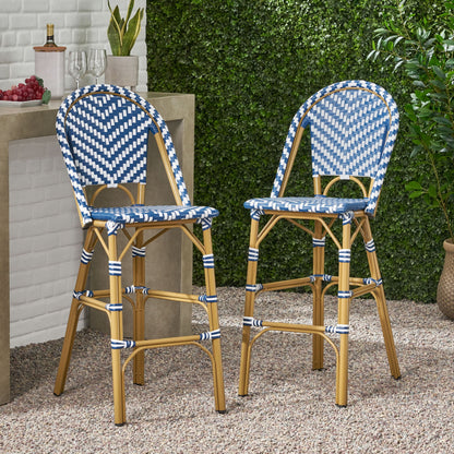Outdoor Rattan French Barstool Set,, Bamboo, Seat Height - Navy Blue / White