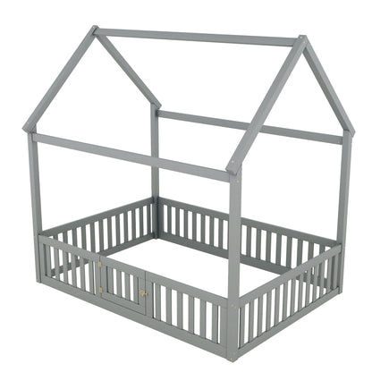 Wood House Bed With Fence And Door