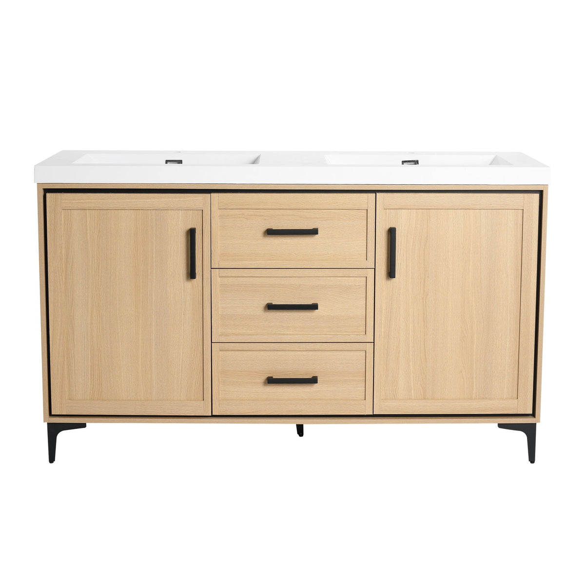 Original 60" Freestanding Bathroom Vanity With Double Resin Sink Plywood Soft Closing Doors & Drawers - Oak