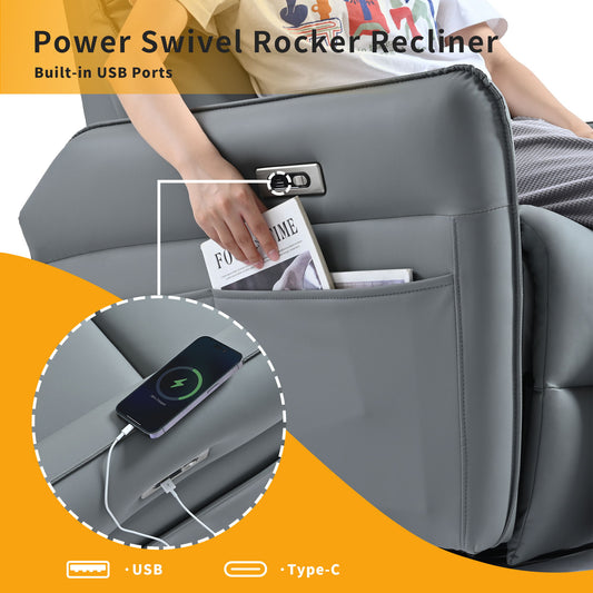 Power Swivel Rocker Recliner Chair, 270° Swivel Rocking Recliner Chair, Electric Small Recliners For Small Spaces, Single Sofa Recliner For Living Room - Blue / Gray