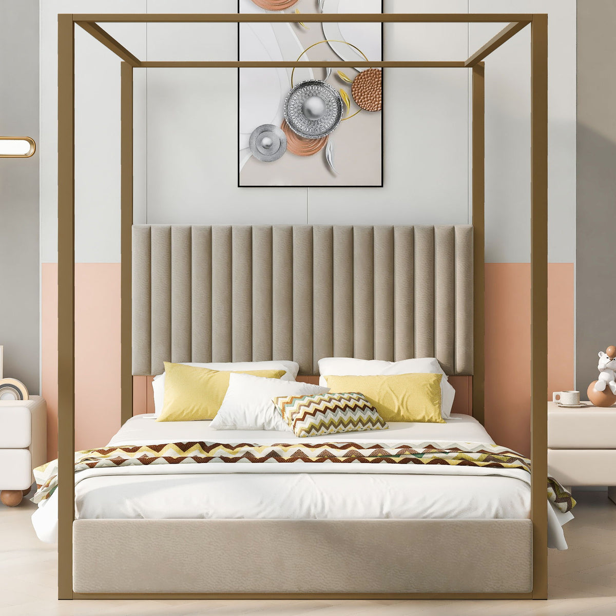 Upholstered Canopy Platform Bed With Frame, Queen Size - Beige