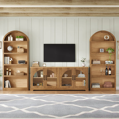 3 Piece TV Stand Set With Bookshelf With Arched Design For Living Room - Brown