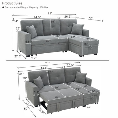 Sleeper Sectional Sofa With Pull Out Bed, Reversible Chaise, Hidden Storage
