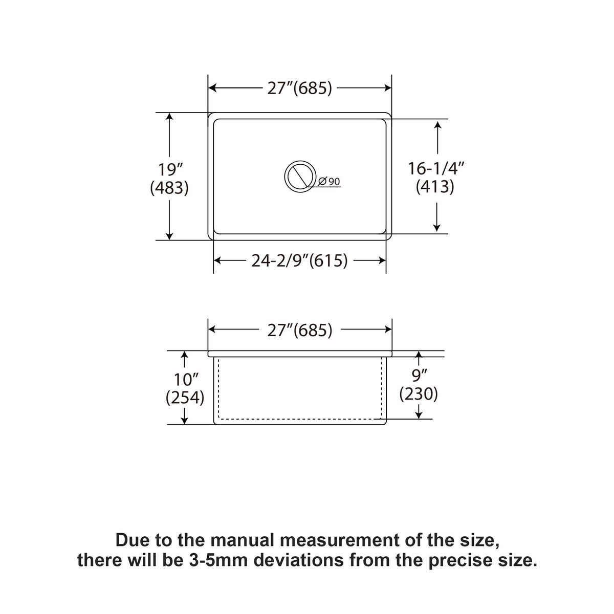 Rectangular Deep Single Bowl, Kitchen Sink With Dual Mount Installation