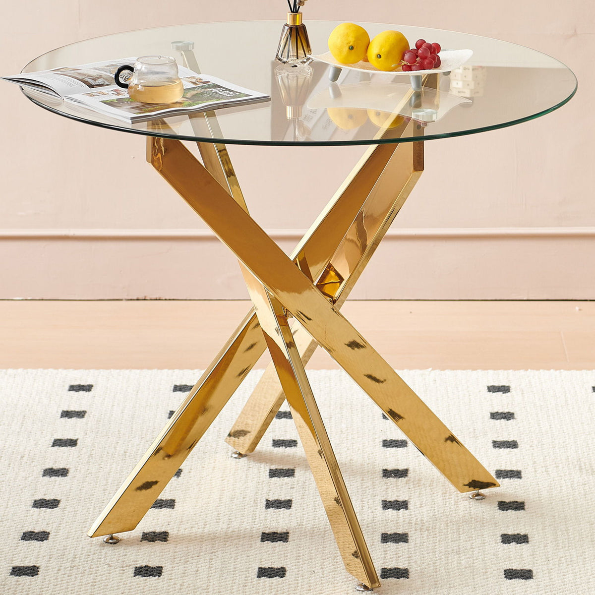 Dining Table With Cross Metal Leg And Tempered Glass, Modern Space Saving Kitchen Table For Living Room