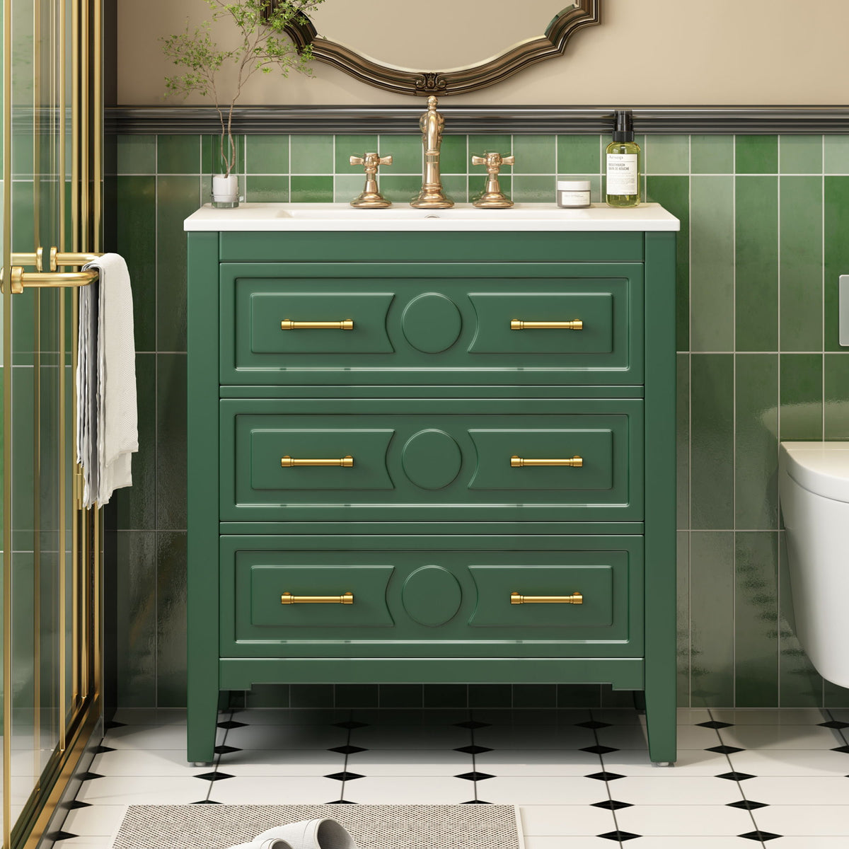 Retro Bathroom Vanity With Sink Combo, Free Standing Single Set With 3 Drawers