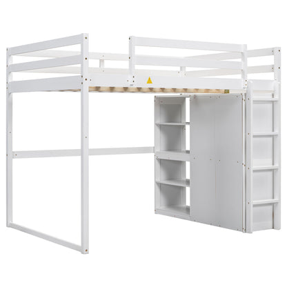 Loft Bed With Built In Wardrobe, Storage Shelves, And LED Light