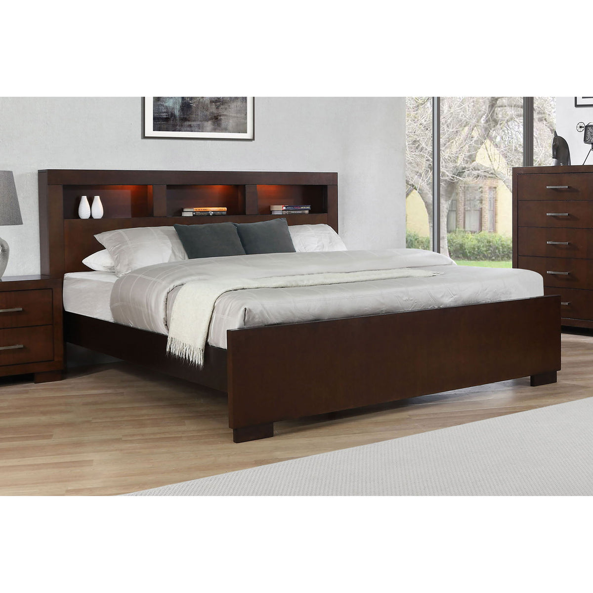 Queen Bed With Bookcase Headboard - Brown