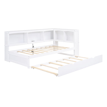 Twin Size Daybed With Trundle, Storage Cabinets, USB Ports - White