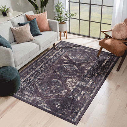 Maval - 5' X 8' Washable Area Rug - Black / Burgundy