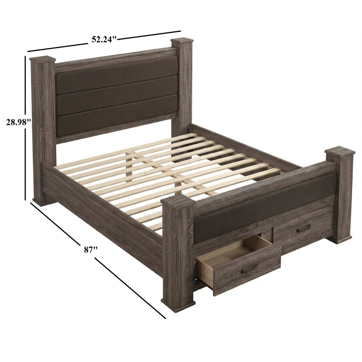 Queen Size Bed & Upholstered Headboard And Footboard Drawers - Brown