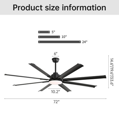 72" Large Design Ceiling Fan With Smart Remote Control, 6 Wind Speed DC Motor For Living Room - Black