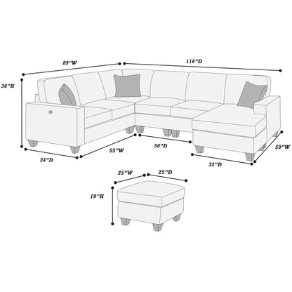 Sectional With Left Arm Facing Loveseat With USB Port With Cocktail Ottoman
