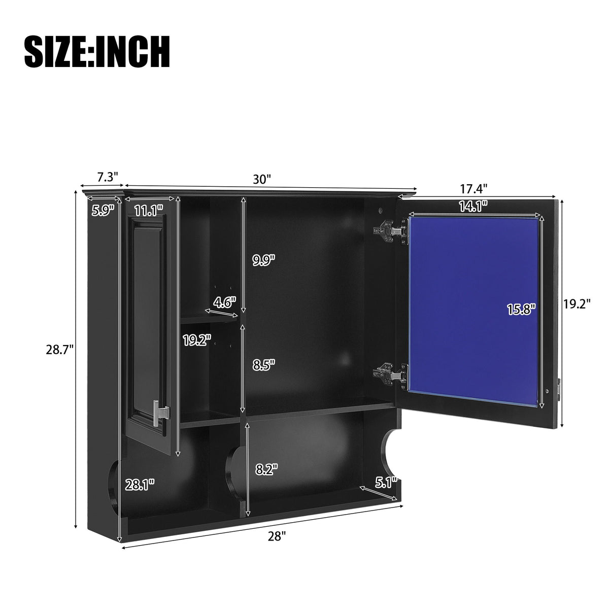 Wall Mounted Mirror Medicine Cabinet, Bathroom Storage With Doors And Open Shelves