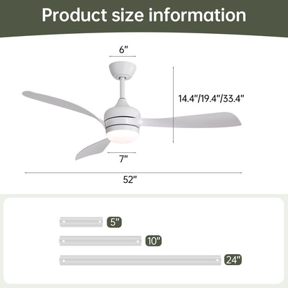 Ceiling Fan With 3 Blades, Remote Control, Reversible DC Motor, Noiseless Operation, 3 Downrods