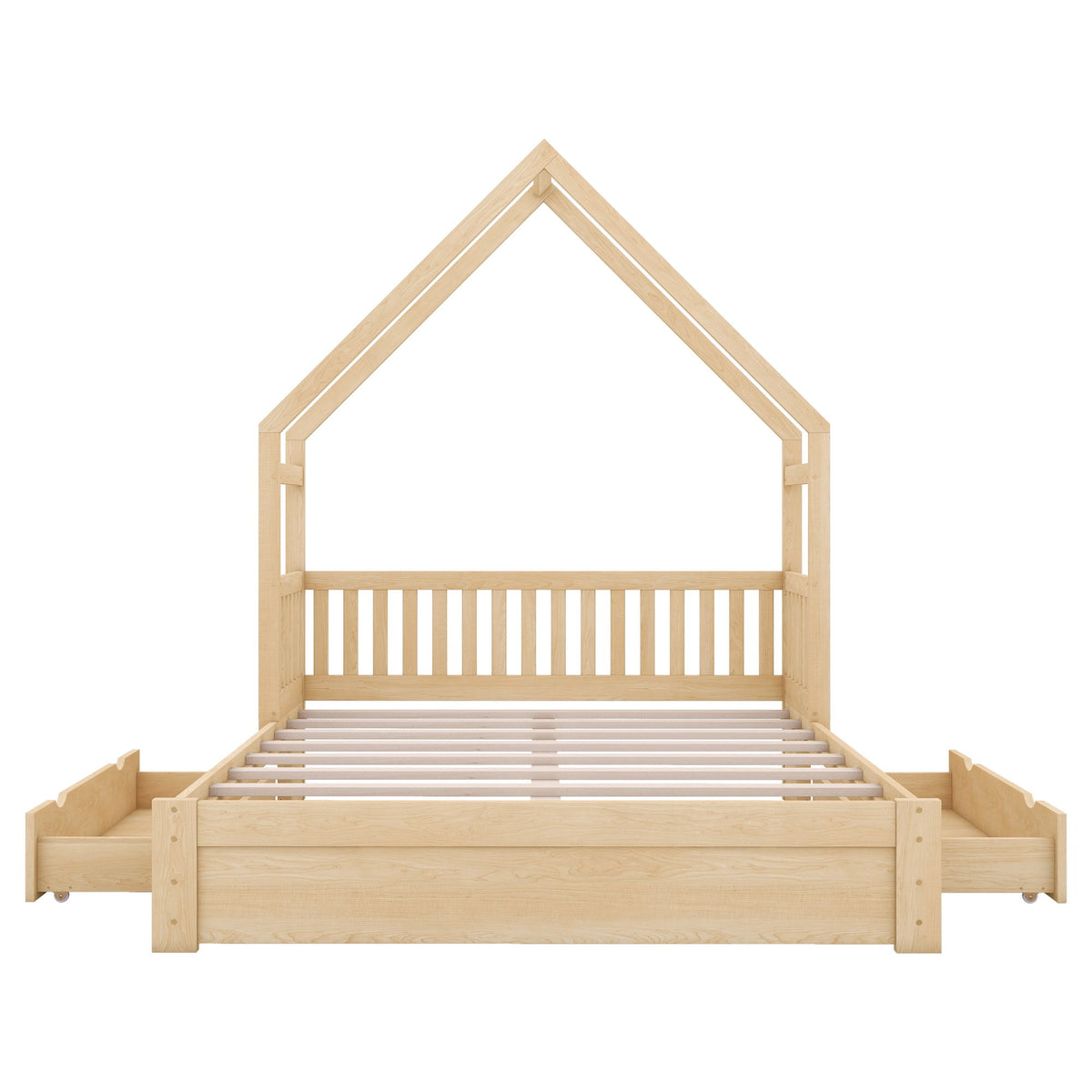 House Style Platform Bed With Guardrail And 2 Drawers