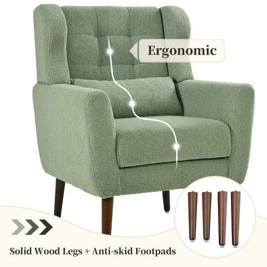 Modern Accent Chair, Teddy Fabric Living Room Chairs Comfy Reading Chair, Mid Century Accent Chair, Lounge Arm Chairs Armchair For Living Room Bedroom - Light Green
