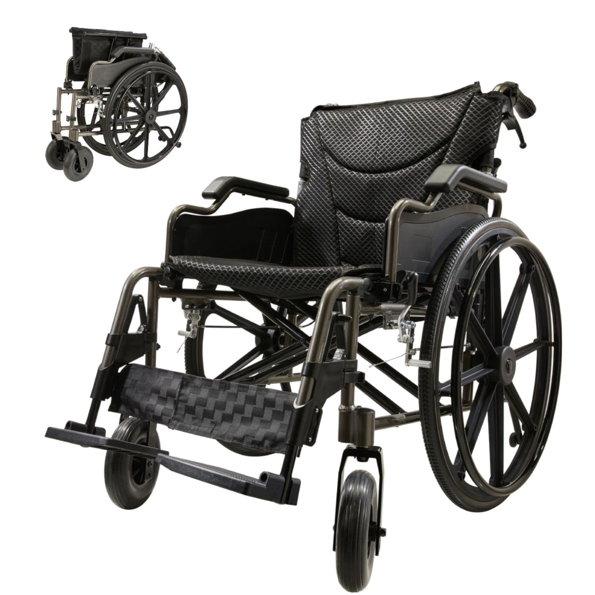 Lightweight Foldable Nursing Wheelchair For Adults Double X Force Support, 300Lbs Capacity, Breathable Cushion & Anti Backflip Design With Tires, Adjustable Seat Belt, Quick Release Wheels - Dark Gray