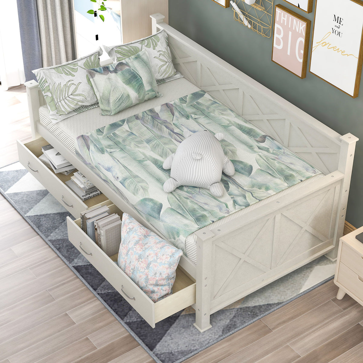Modern Daybed With 2 Large Drawers, X Shaped Frame