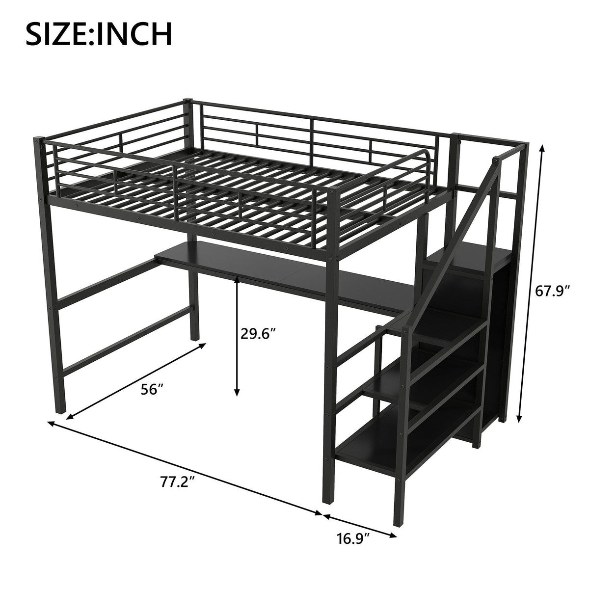 Full Size Loft Bed With Desk, Storage Staircase, Small Wardrobe And LED Light - Black