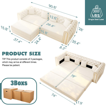 3-In-1 Convertible Sleeper Sofa With Movable Ottoman For Living Room