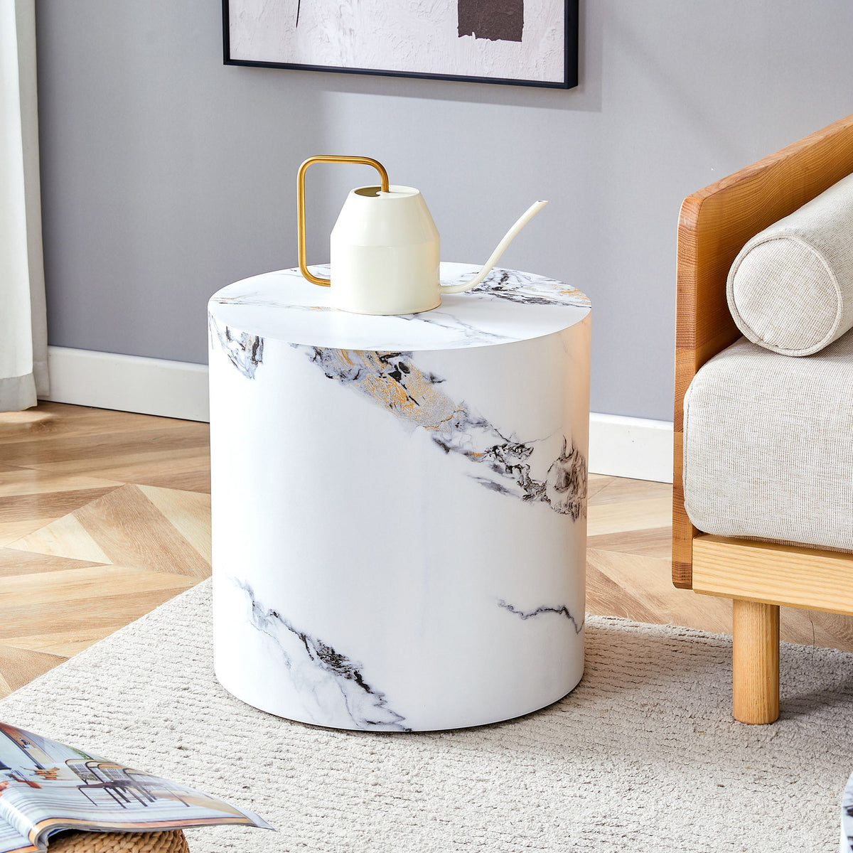 Elegant Cylindrical Table With Patterned Design For Versatile Use - White