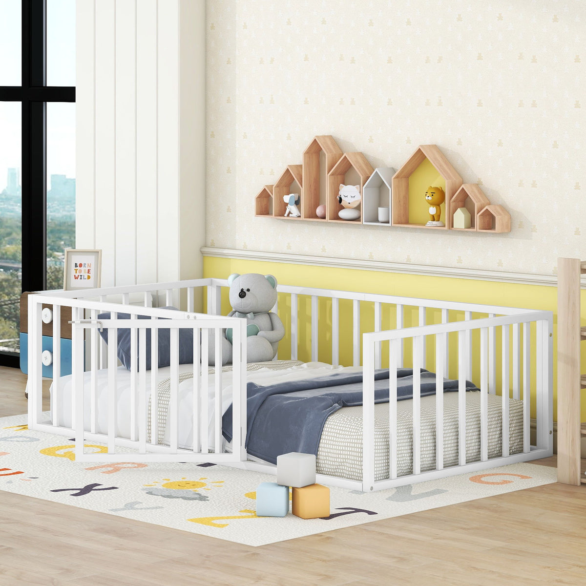 Metal Floor Bed Frame With Fence And Door