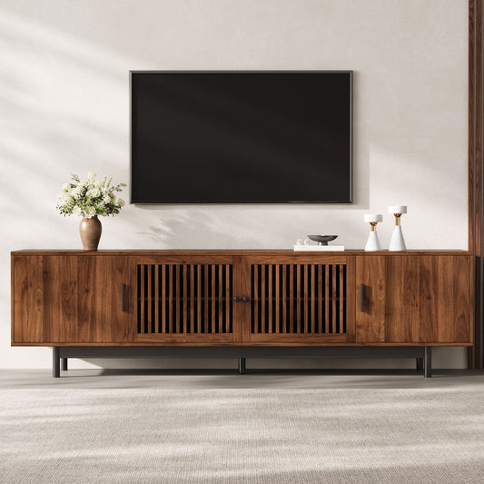 TV Stand, Media Console With Soft Closing Hinges, Adjustable Shelves, Slatted Doors - Walnut
