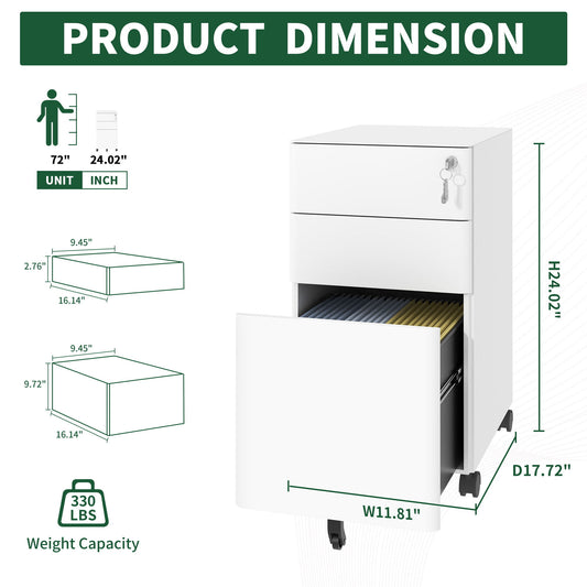 3-Drawer Mobile File Cabinet With Lock, On Wheels, Two Shallow & One Deep Drawer For Office/Home, Fully Assembled - White