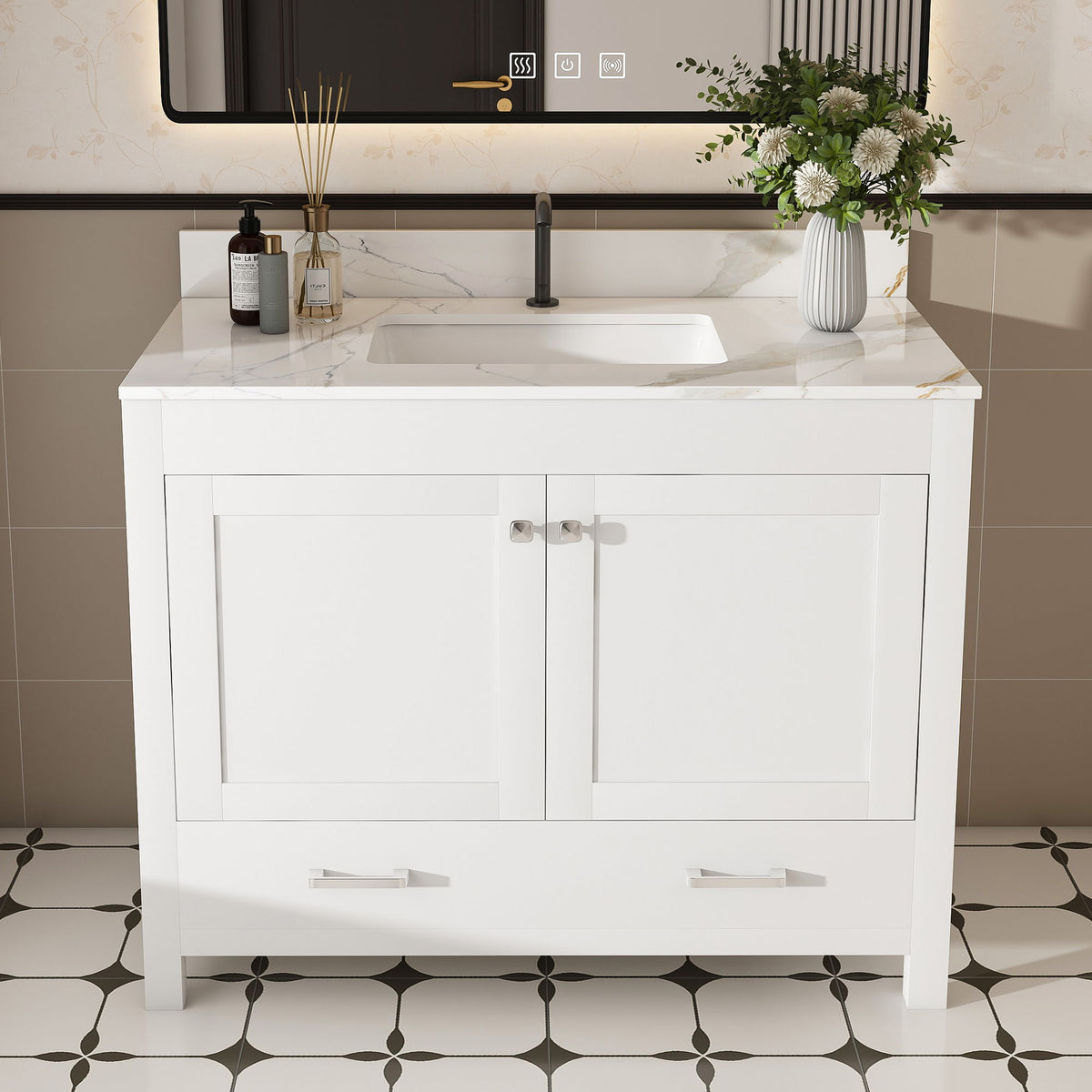 43" Bathroom Vanity, Multi Functional Cabinet, Doors And Drawer - White