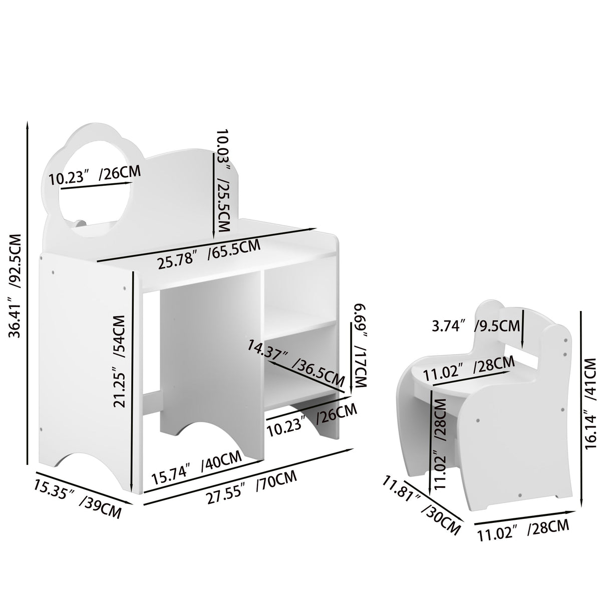 Kids Vanity Table With Mirror And Chair, Dressing Makeup Desk With Storage Shelves - White
