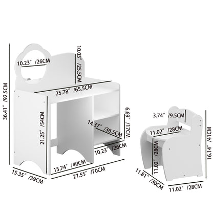 Kids Vanity Table With Mirror And Chair, Dressing Makeup Desk With Storage Shelves - White