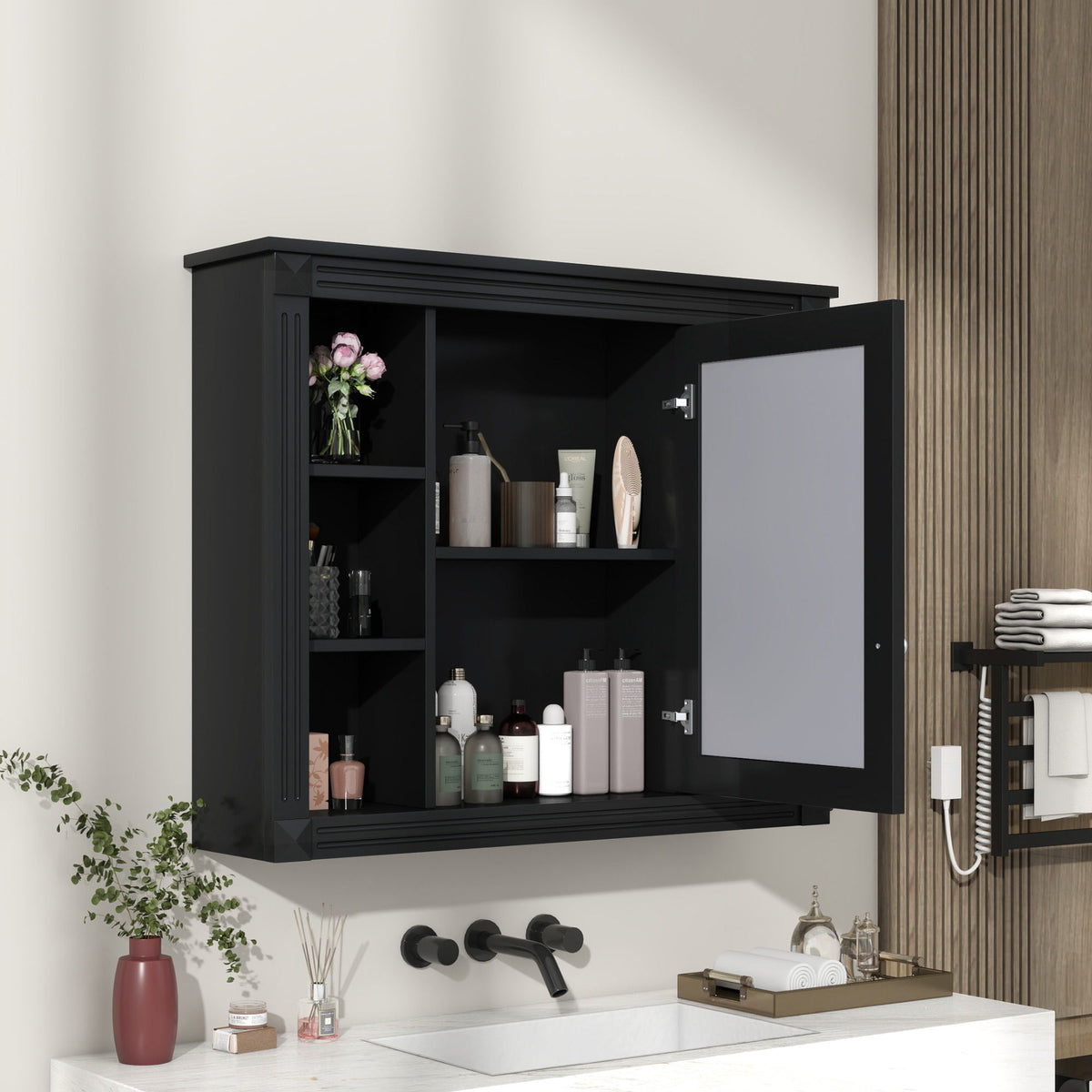 Wall-Mounted Bathroom Storage Cabinet With Mirror, 6 Open Shelves - Black