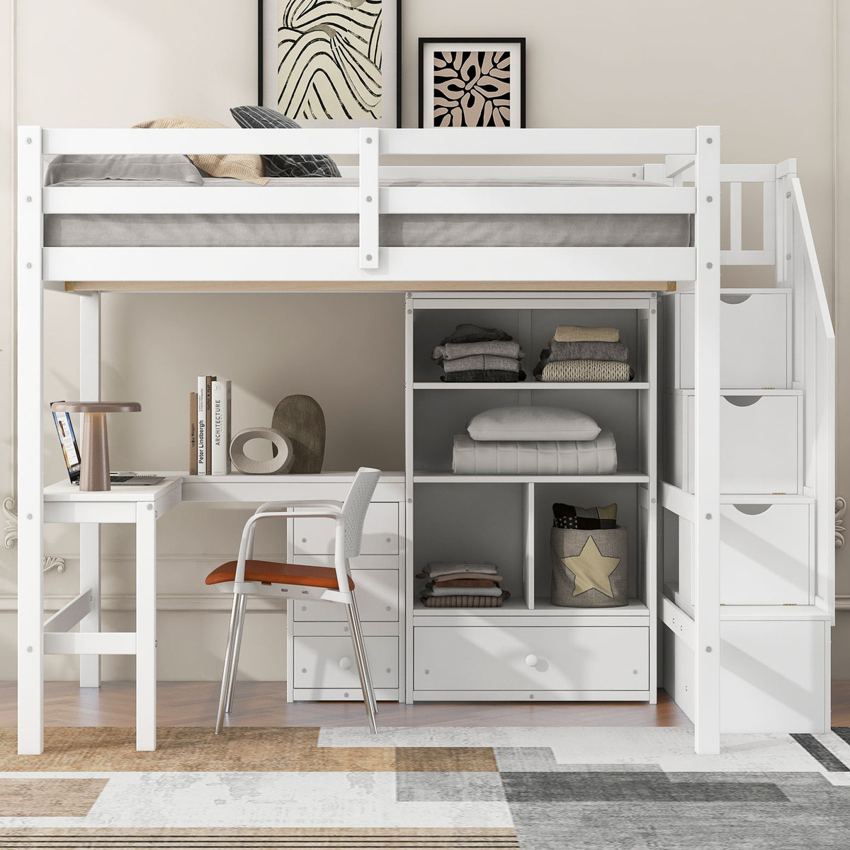 Loft Bed & L Shaped Desk, Drawers, Cabinet, And Storage Staircase