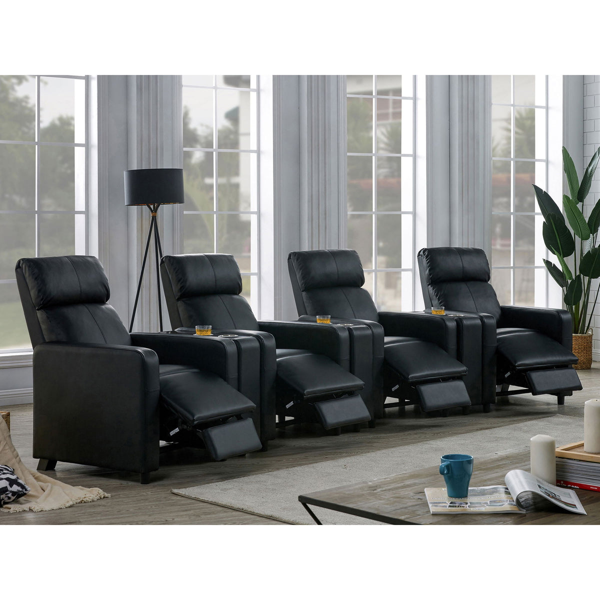 Warren - 4 Seater Home Theater With 3 Wedge Consoles - Black