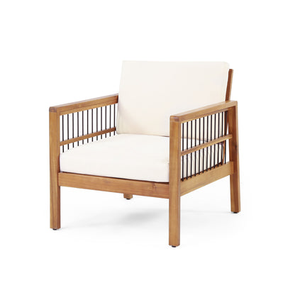 Club Chair With Slat Panel Design - Teak / Beige